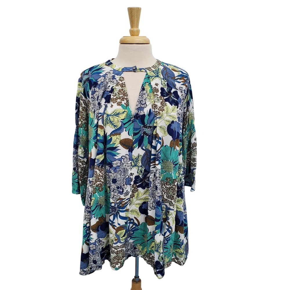 Umgee Womens Boho Floral Tunic Dress‎ Size M Multicolor Bell Sleeve Keyhole Neck